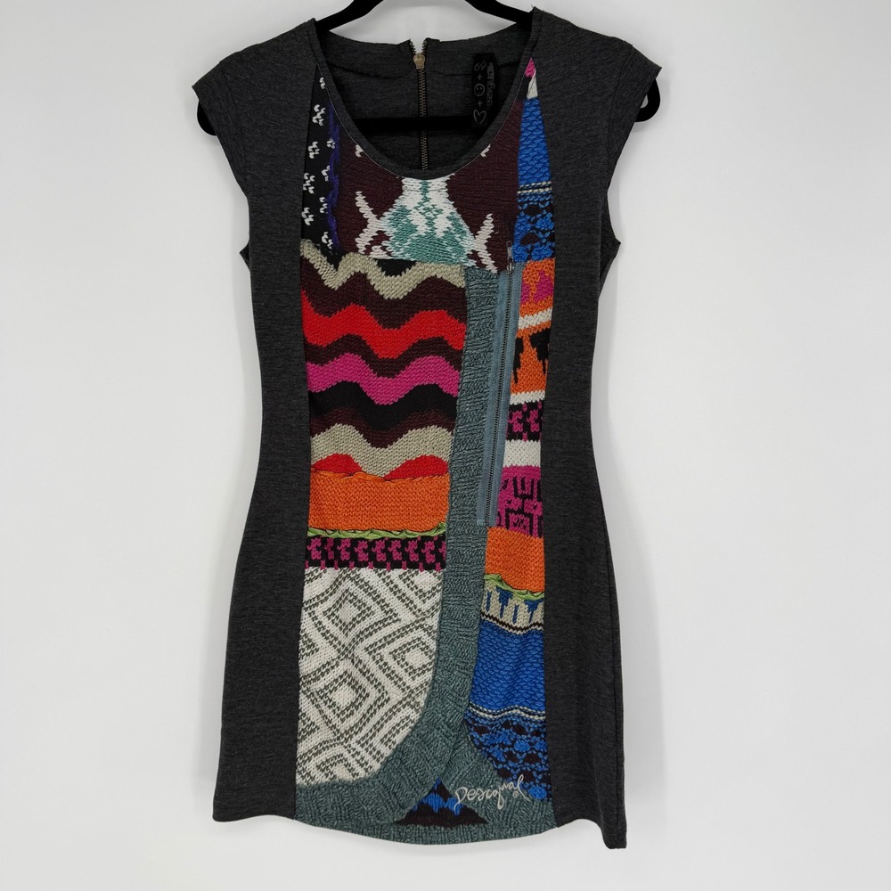 DESIGUAL OVERPRINTED KNIT DRESS PATCHWORK SMALL ARTSY BOHO ART TO WEAR CHARCOAL